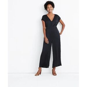 Madewell Womens Satin Jumpsuit‎ Open Tie Back Wide Leg Smocked Waist Black Sz 00